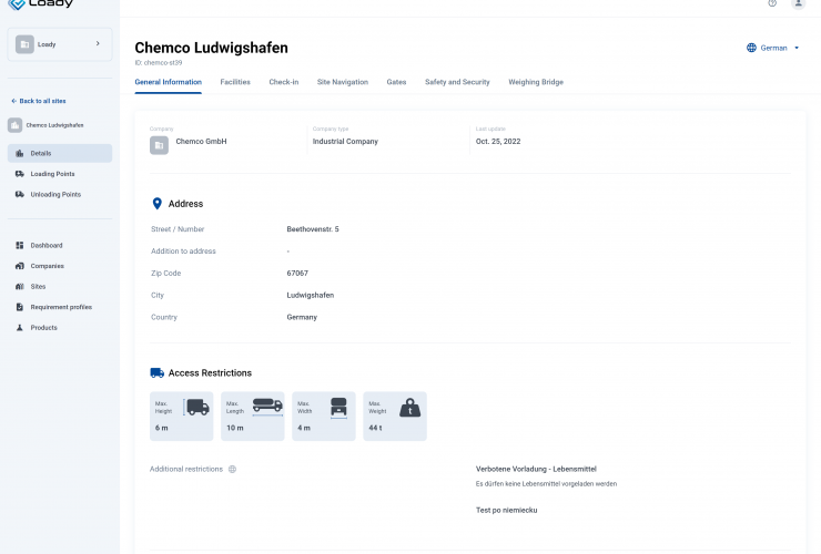 Unternehmen pflegen Anforderungen und relevante Informationen zum Be- und Entladen von Produkten an ihren Industriestandorten.