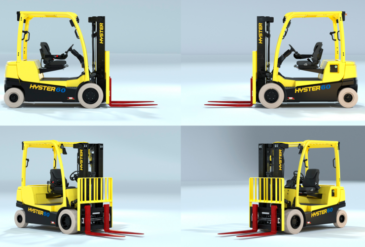 Rundumansicht des Hyster-Staplers mit integrierter Lithium-Ionen-Batterie.