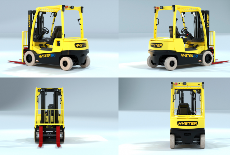 Rundumansicht des Hyster-Staplers mit integrierter Lithium-Ionen-Batterie.