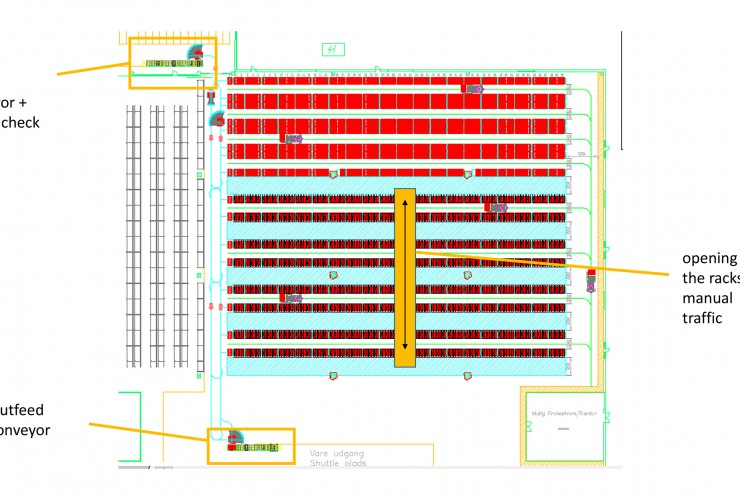 Der Grundriss zeigt den gegenwärtigen Stand des Layout Konzepts des Danfoss Automatiklagers. Der Grundriss zeigt den gegenwärtigen Stand des Layout Konzepts des Danfoss Automatiklagers.