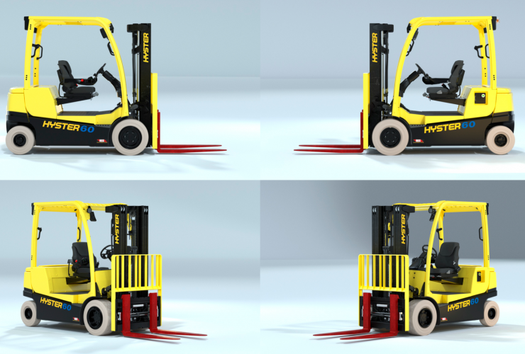 Multi-angle view of Hyster integrated lithium-ion forklift.