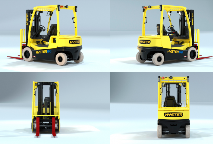 Alternate version of multi-angle view of Hyster integrated lithium-ion forklift.