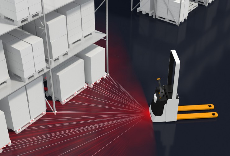 Forklift using laser localization software based on safety laser scanner.