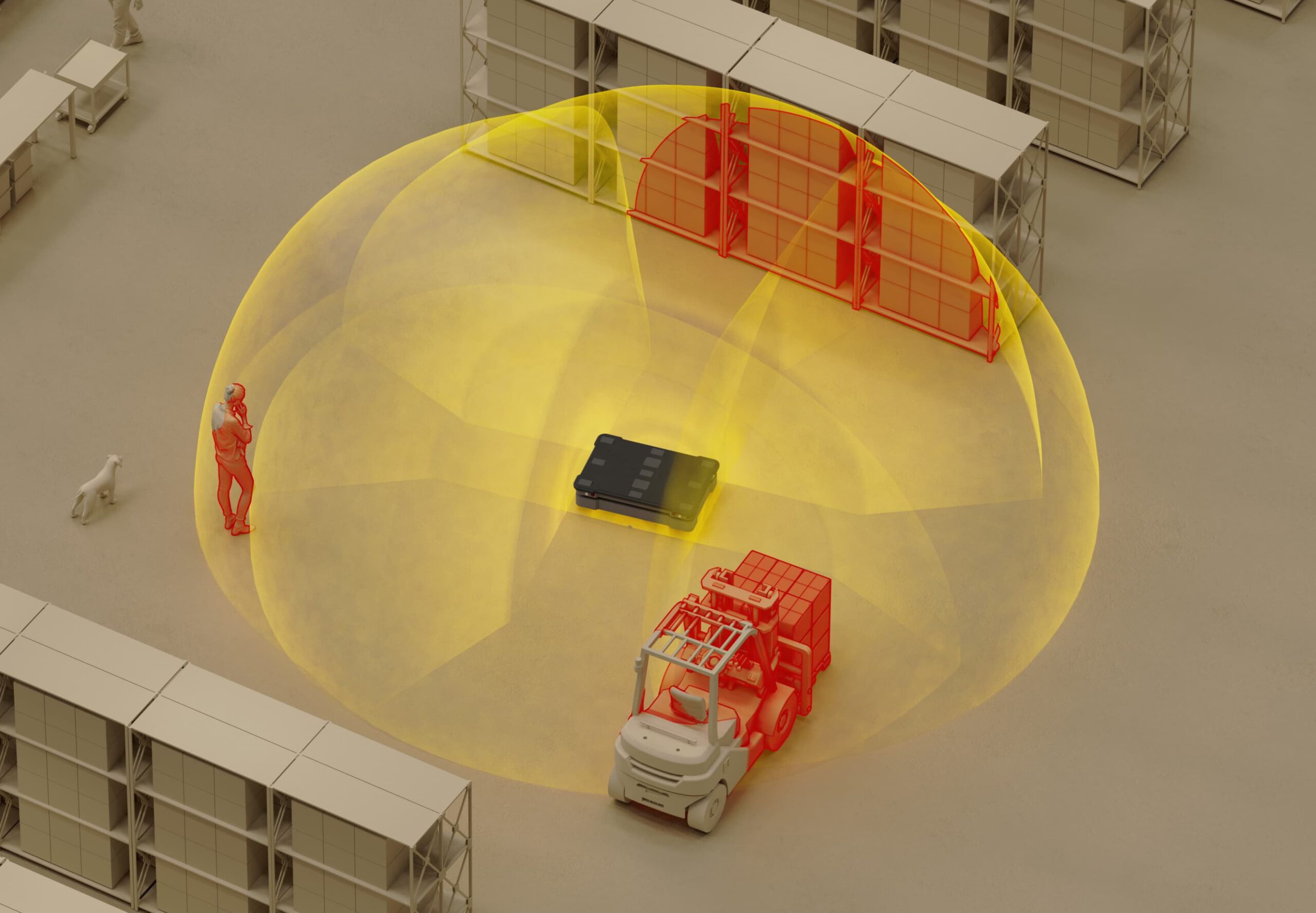 It also runs on mobile platforms. Here, an industrial AMR detects objects and people across its full 3D field of view, up to 4 meters range (3 meters within certified sensing requirements).