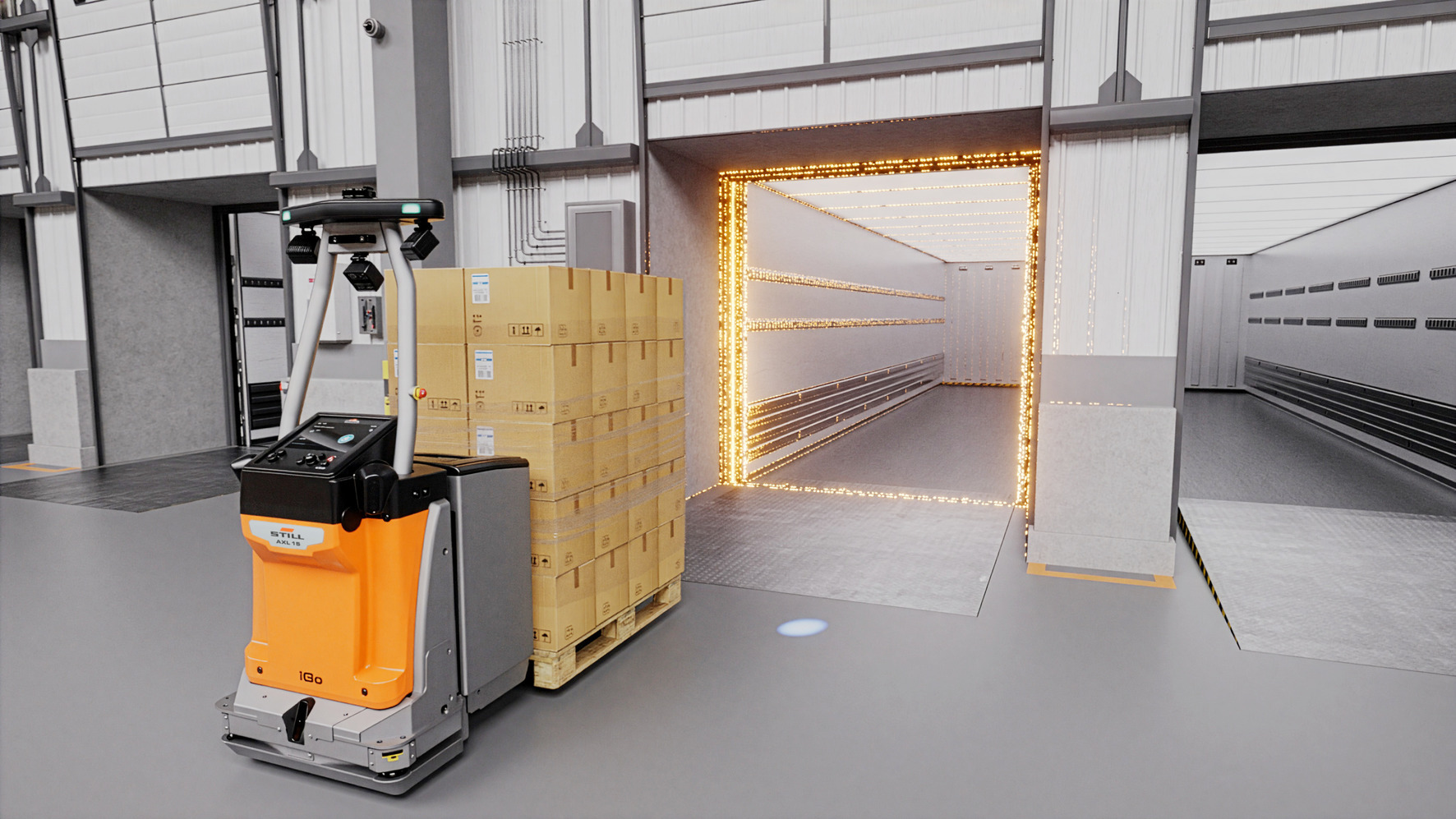 Automatisierung erreicht das Dock: Mit dem automatisierten Niederhubwagen AXL iGo zeigt STILL, dass Automatisierung den Warenein- und -ausgang an der LKW-Laderampe erreicht hat.