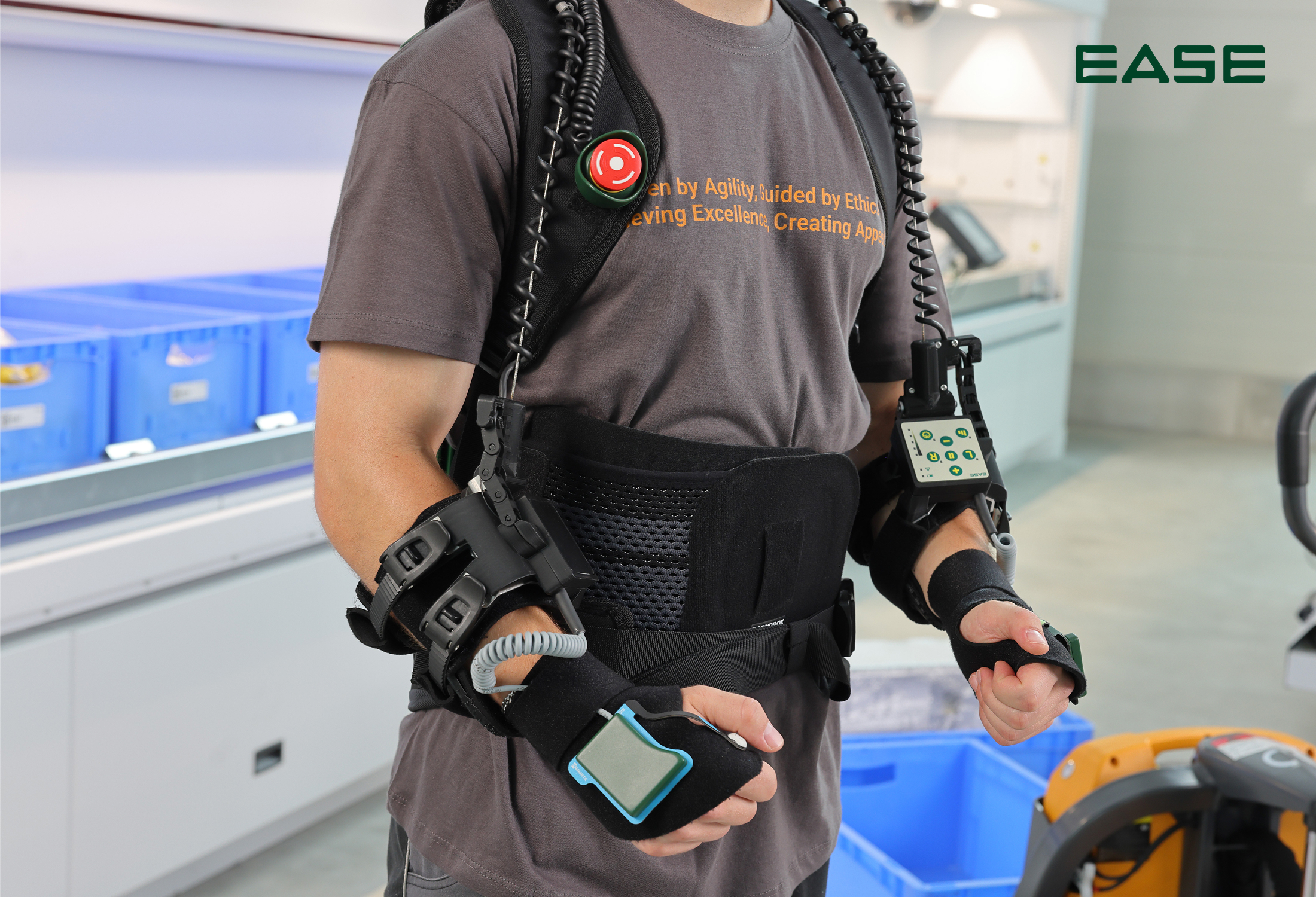 Support strength and speed set in stages at the control panel, emergency stop within reach at all times.