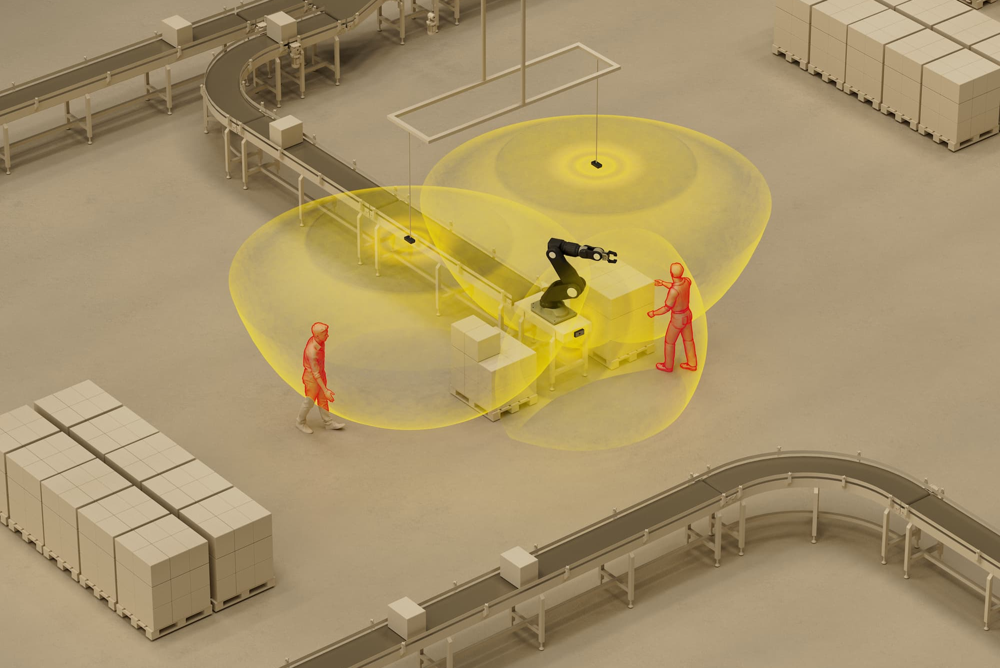 ADAR One installed as fixed safety infrastructure, protecting people working around cobots, palletizers, and other industrial equipment. Benefits: True 3D detection with one device for any application. Full 180x180deg views. Precise and dynamic safety zones. 
