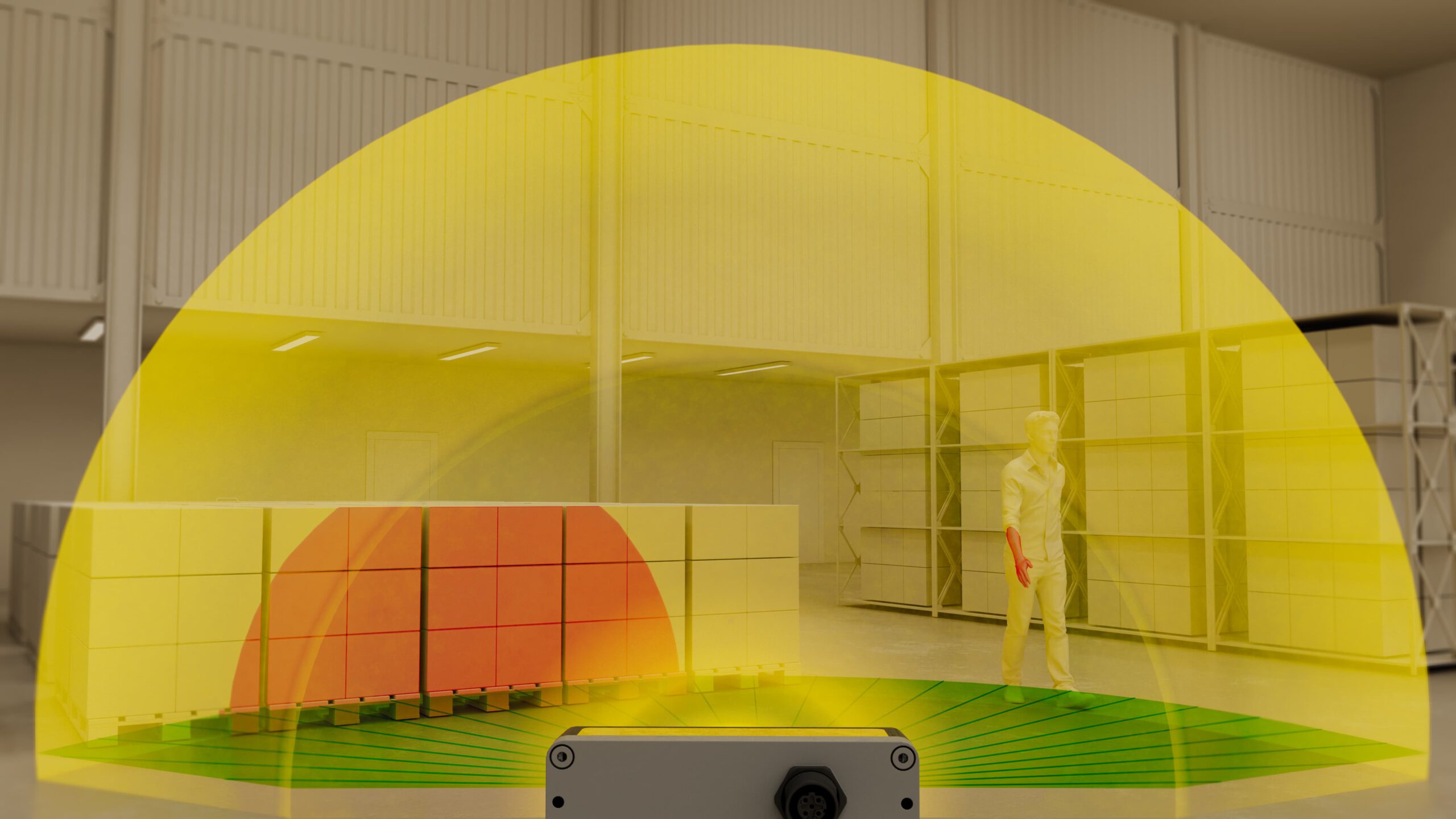ADAR One brings certified robot safety from 2D to 3D. Here, the incumbent technology (2D LiDAR - in green) scans the scene as a single plane. ADAR One scans the same scene as a full 3D volume.