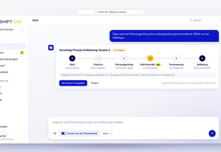 Der Fachbereich ändert den Prozess selbst: neuer Prüfschritt per Chat, versioniert, mit Freigabe.