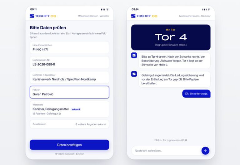 Der Fahrer am Werkstor: Beleg prüfen, Tor erhalten, in seiner Sprache über einen Messenger-Dienst, z.B. WhatsApp.