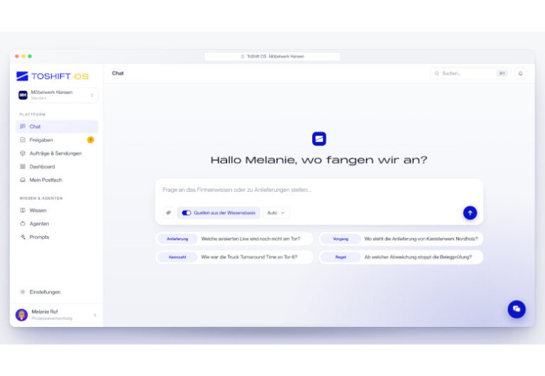 Das ToShift OS: Chat als Einstieg für alle Rollen, mit Zugriff auf Firmenwissen und laufende Anlieferungen.