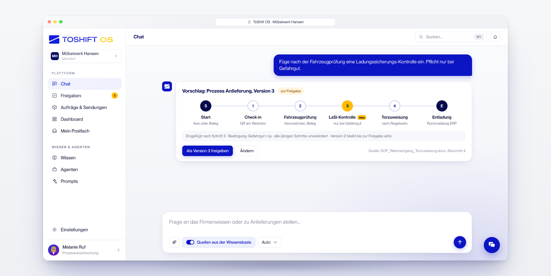 Der Fachbereich ändert den Prozess selbst: neuer Prüfschritt per Chat, versioniert, mit Freigabe.