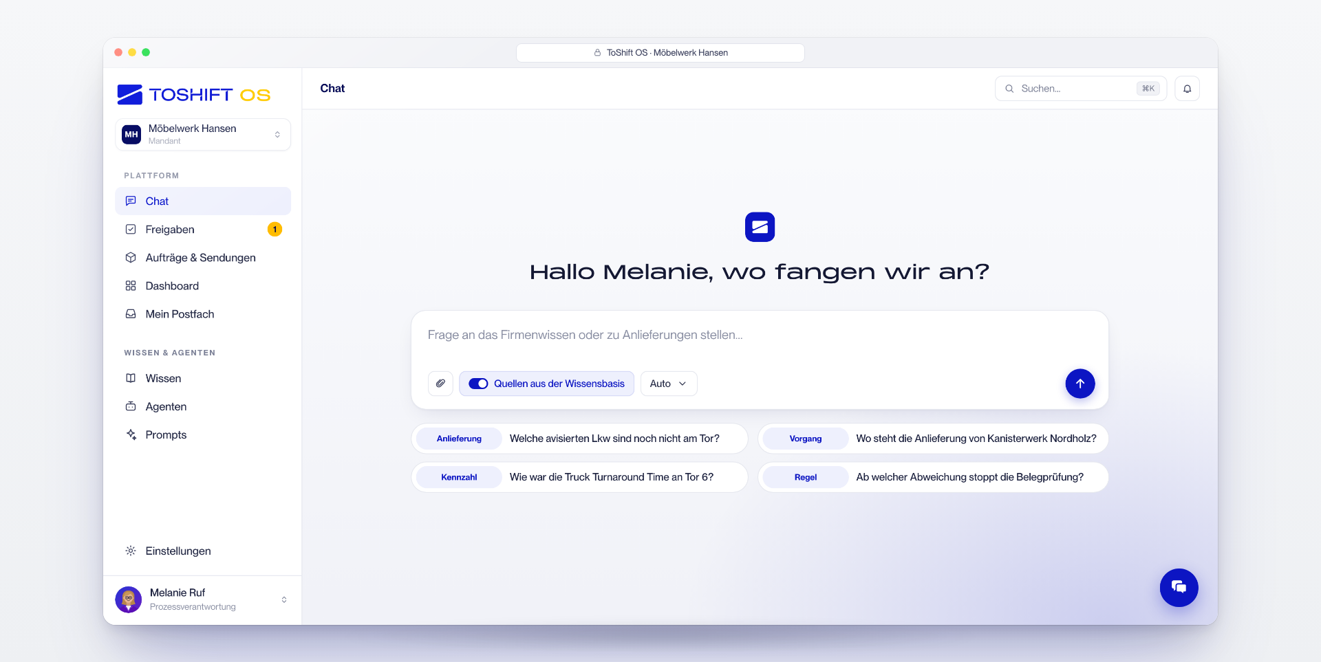 Das ToShift OS: Chat als Einstieg für alle Rollen, mit Zugriff auf Firmenwissen und laufende Anlieferungen.